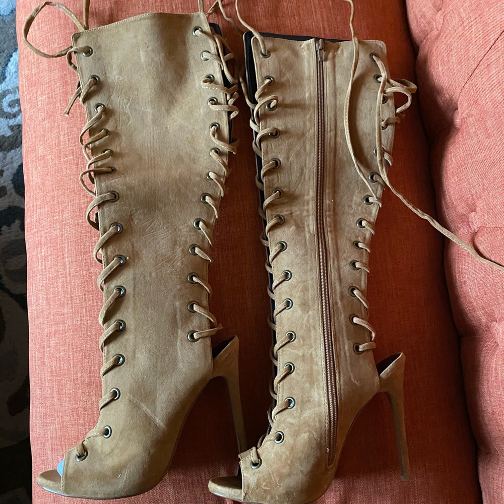 Peep toe suede lace up boots by Shoe Republicla